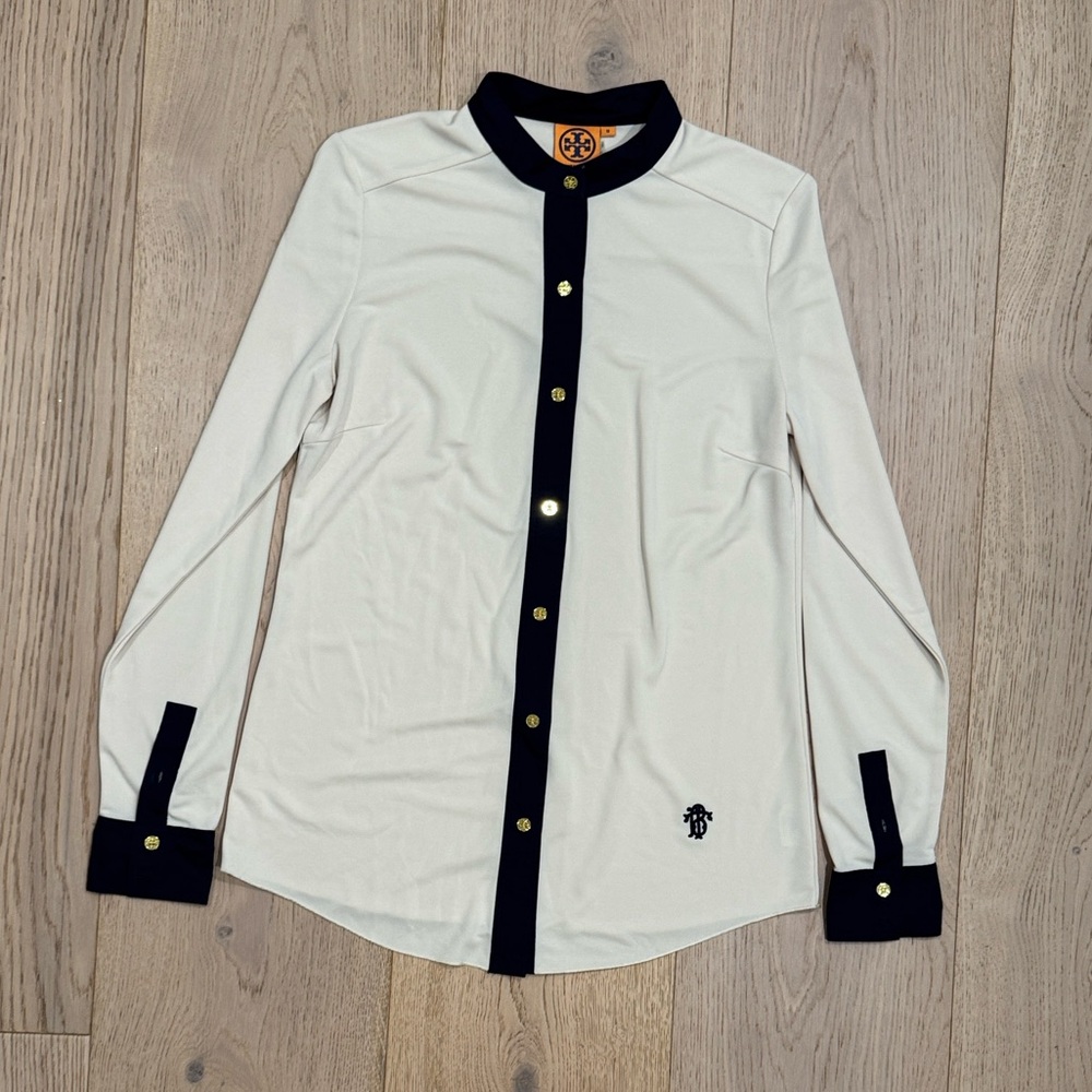 Tory Burch Cream Blouse – Navy Trim & Gold Buttons – Size M